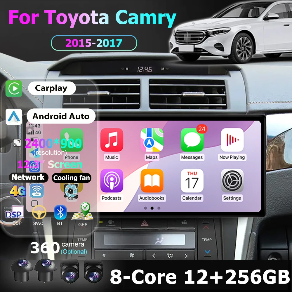 Carplay Android 16 Auto Bluetooth GPS 2400*900P 12.3 Inch For Toyota Camry 2015-2017 Multimedia Plyaer Stere WIFI 4G DSP  FM