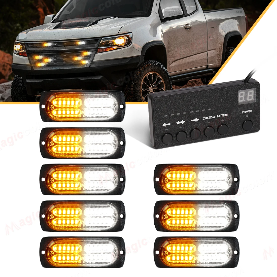 

8 Pcs LED Emergency Strobe Lights Front Grill Warning Light With Controller For Car Firefighter Trucks Vehicles Yellow White 12V