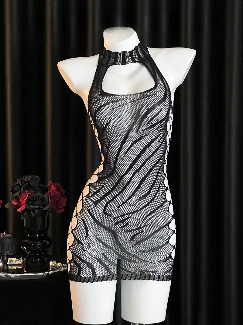 Sukienka z siateczki z wycięciami w zebrę, seksowna bielizna z rozcięciem dla kobiet, prześwitująca bielizna nocna, obcisła mini sukienka bodycon na imprezę dla par