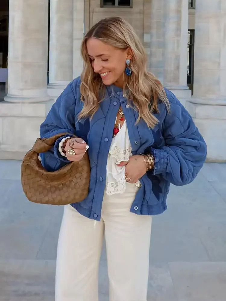 HH 2025 Autunno Donna Cappotto corto trapuntato Ricamo floreale Giacca monopetto a maniche lunghe Capispalla invernale caldo vintage