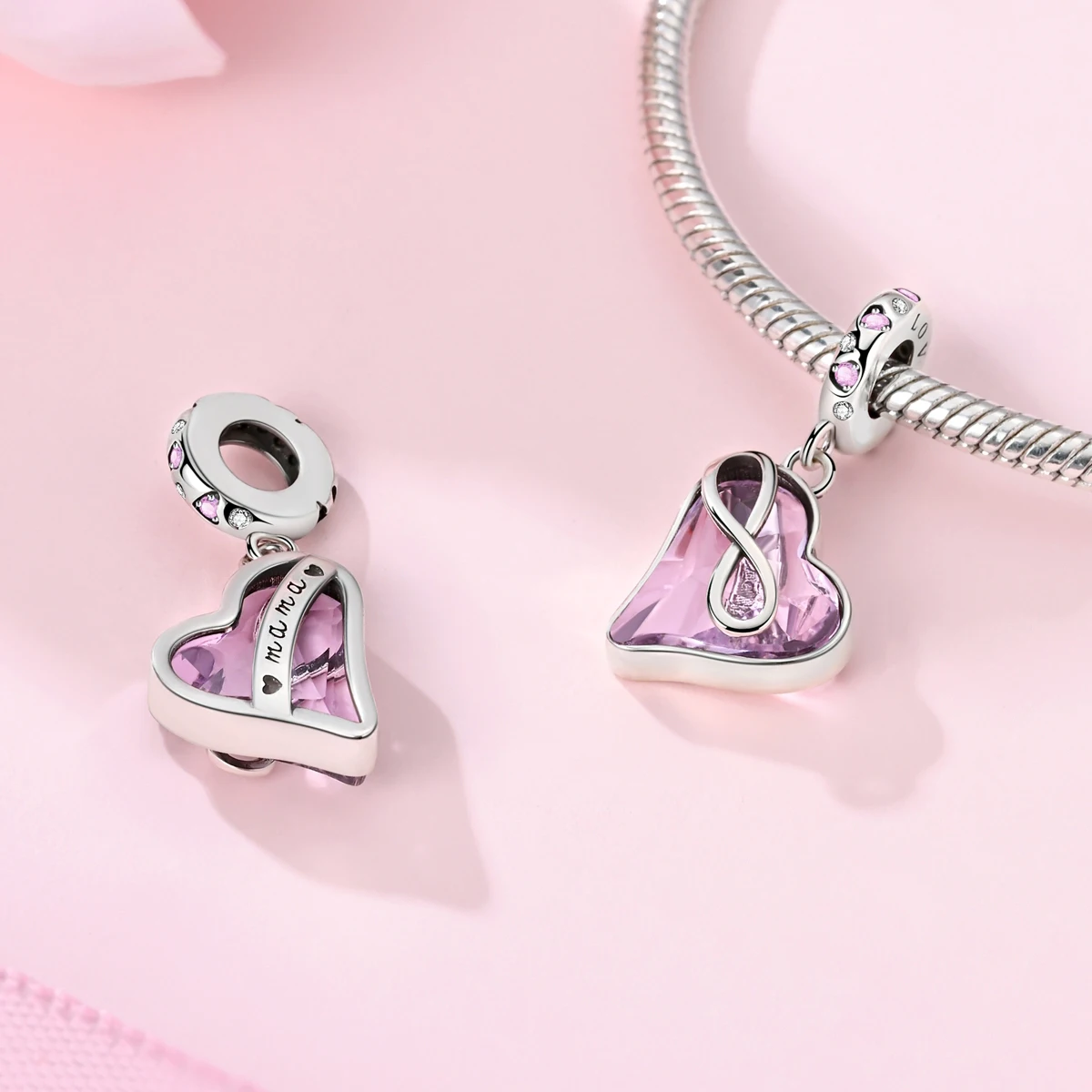 925 Sterling Silver Infinity Heart Charms Pink Crystal Glass CZ Dangle Beads Fit Bracelets Necklace Women Mother's Day Jewelry