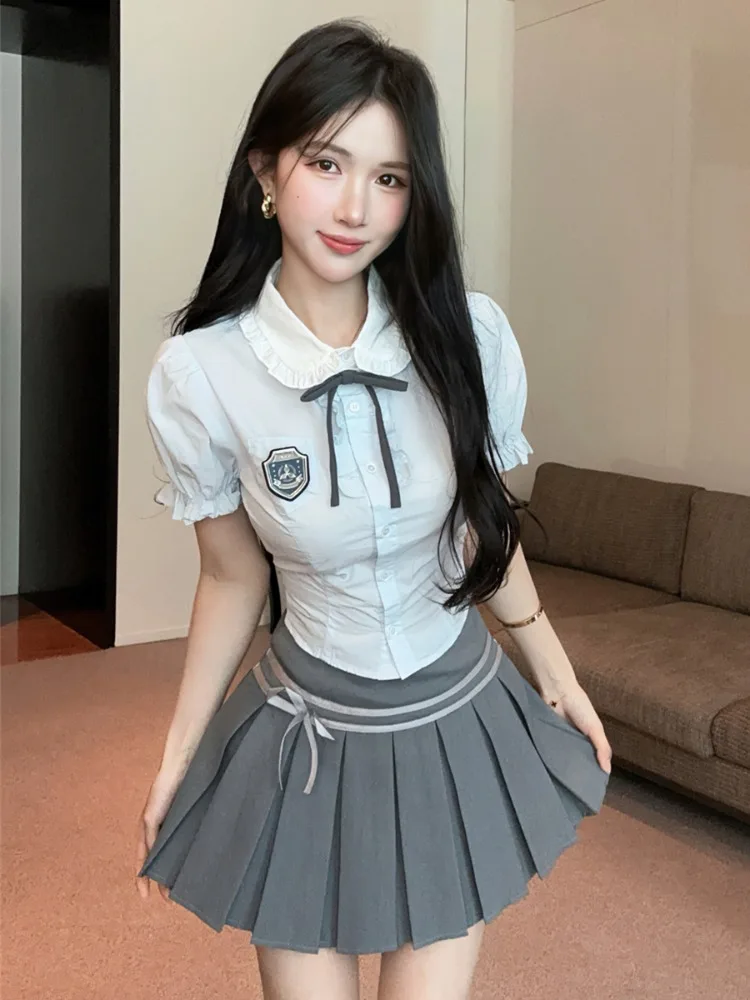 

Summer JK Uniform School Style Set Sweet Spicy Waist-Cinching Short Sleeve Pleated High Waist Skirt Two-Piece Suit