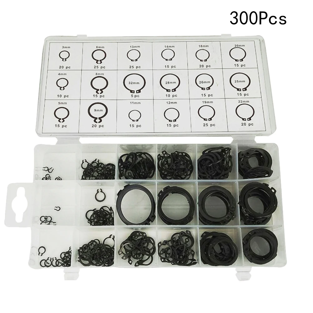 

300 pcs Carbon Steel Snap Ring Assortment Kit 18 Sizes External Retaining Circlip Set Black Storage Box Hardware Fasteners Clips