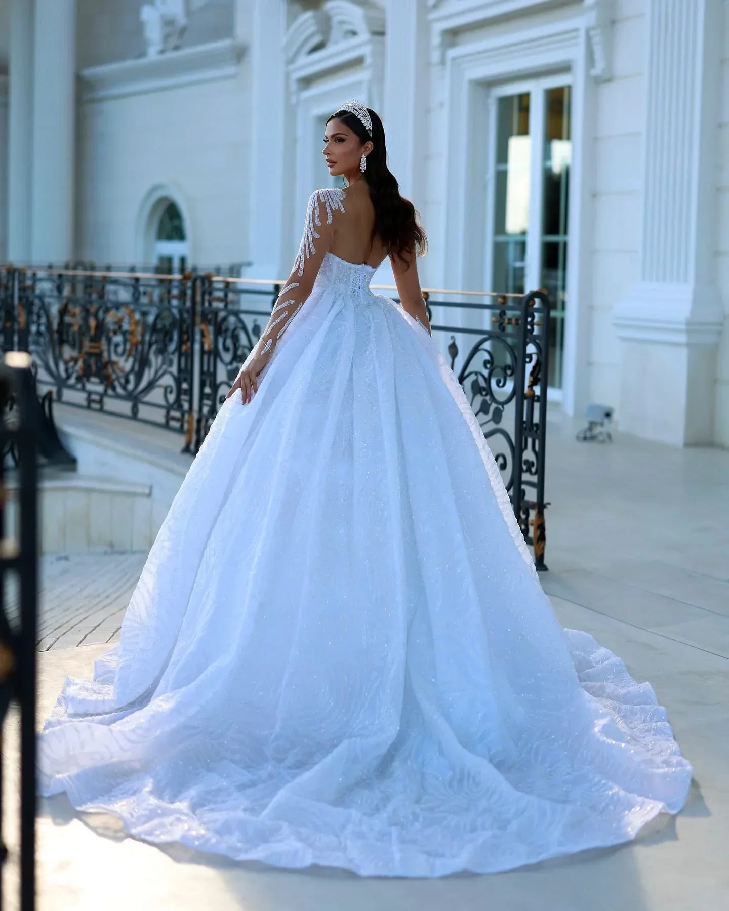 Flavinke Customized Women Wedding Dresses V Neck Long Sleeves Bridal Ball Gowns Lace Sequins Bride Party Dress Vestidos De Novia