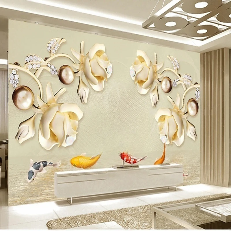 MU8707 European-style 3D rose background wall with water wave goldfish  Murals Wall paper Living Room Bedroom
