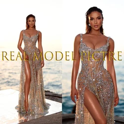 Sexy Evening Dresses Real Model Picture Sparking Beading Crystal Spaghetti Strap Side Split Illusion Tulle Custom made