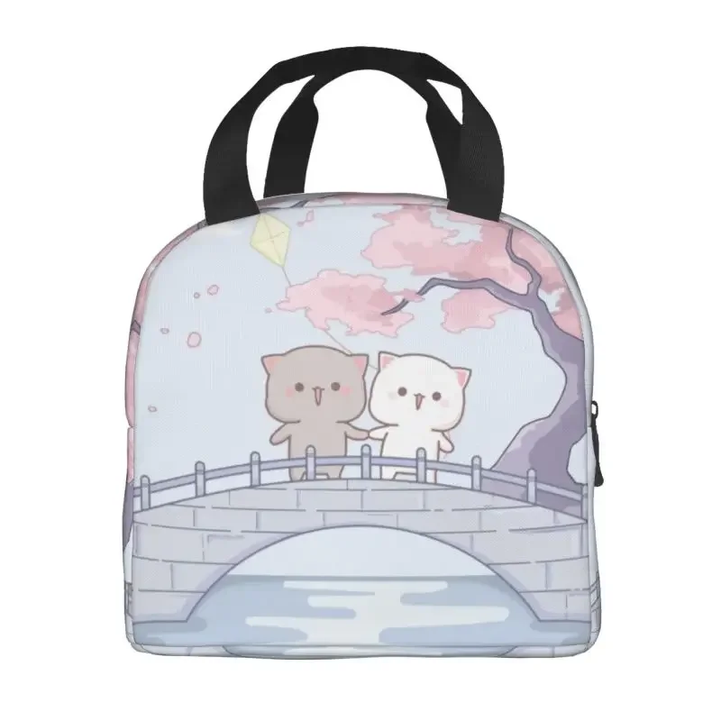 Romantic Peach And Goma Mochi Cat Insulated Lunch Tote Bag for Portable Thermal Cooler Food Lunch Box Outdoor Camping Travel