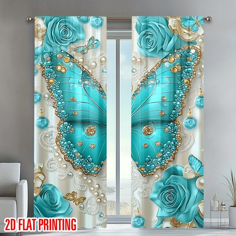 2PCS Digital Printed Curtains with Teal Butterflies Design, Stylish Window Drapes for Living Room Bedroom Home Decoration