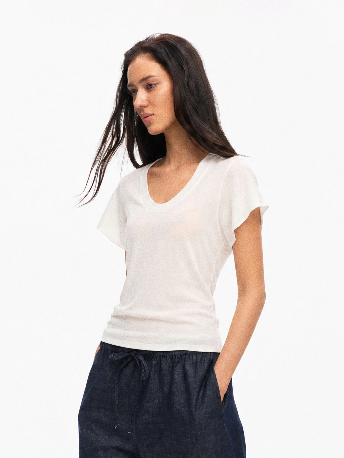 TDDP Modal U-neck Short Sleeve Women's T-shirt Slimming Top Waist-cinching Design Summer Fashion Casual Loose Fit T-shirt