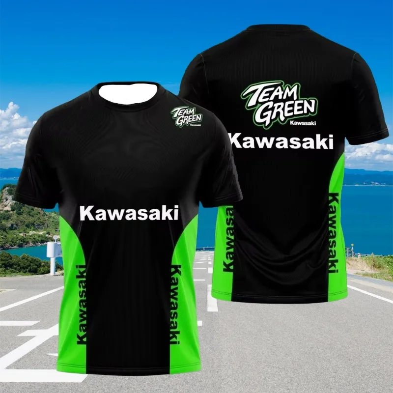 

MOTO-Летняя новая футболка Kawasaki Racing Team для взрослых и детей, футболка с круглым вырезом и короткими рукавами, дышащий и удобный топ