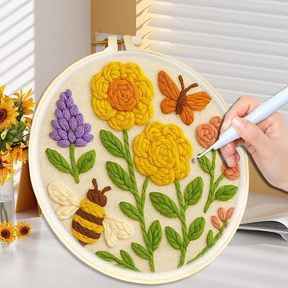 

20x20cm Punch Needle Embroidery Starter Kits Floral Pattern Magic Tufting Embroidery Poking Set Tools For Knitting Diy Crafts
