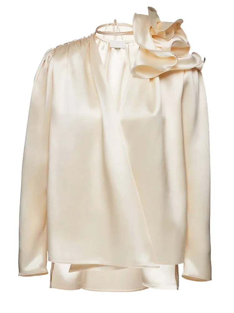 KBQ Spliced Appliques Satin Shirts For Women V Neck Long Sleeve Patchwork Lace Up Loose Solid Elegant Blouse Female Spring New