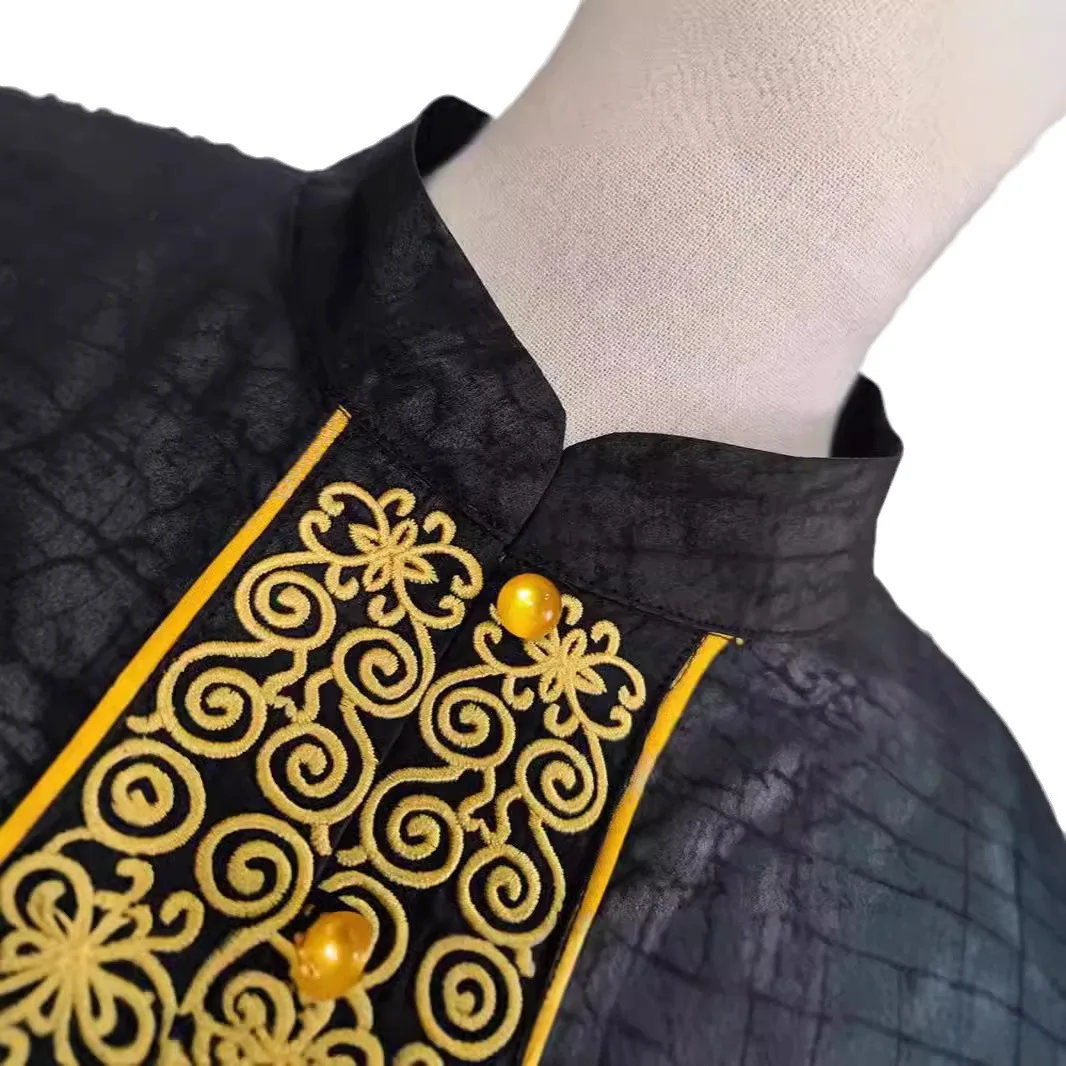 High Quality Xiangyun Yarn Black Embroidered Chinese Costume Women's Midi Dress Summer Retro National Style Silk Design Real