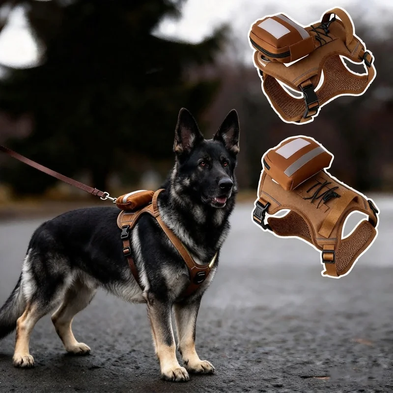 No Pull Tactical Dog Harness with Bag & Leash, Adjustable Breathable Mesh Waterproof Dog Vest for Large Dogs Outdoor Travel