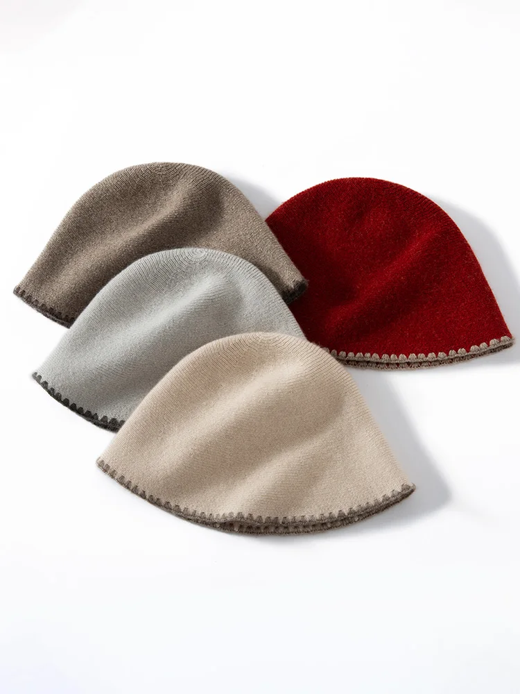 

Women 100% Cashmere Bucket Hat Hand-Crocheted Brim Autumn Winter Casual Style Soft Warm Cashmere Knitted Hat Luxury High Quality