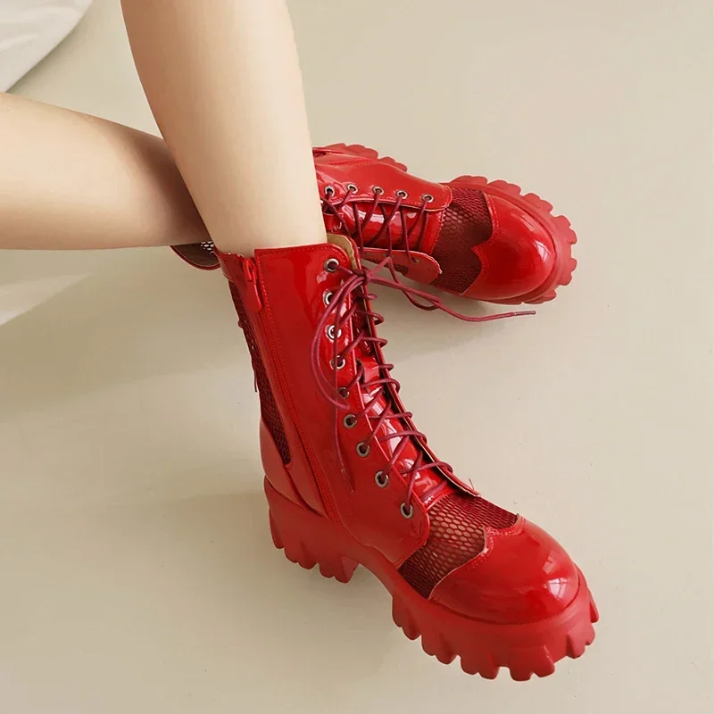 Spring Summer New Women\'s Gothic Platform Hollow Ankle Boots Thick Bottom Lace Up Black White Red Short Booties Punk Shoes 42 43