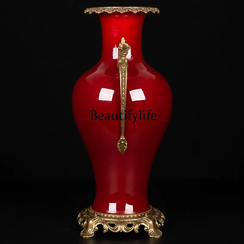 B567 Lang Hong ice crack with copper flared flower fishtail bottle Jingdezhen porcelain vase Chinese ornament