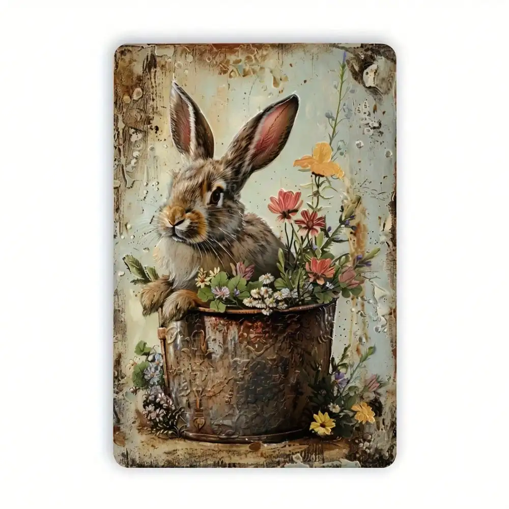 Vintage Rabbit Tin Sign 8x12 Inch Rustic Metal Wall Art Decor for Home Cafe Bar