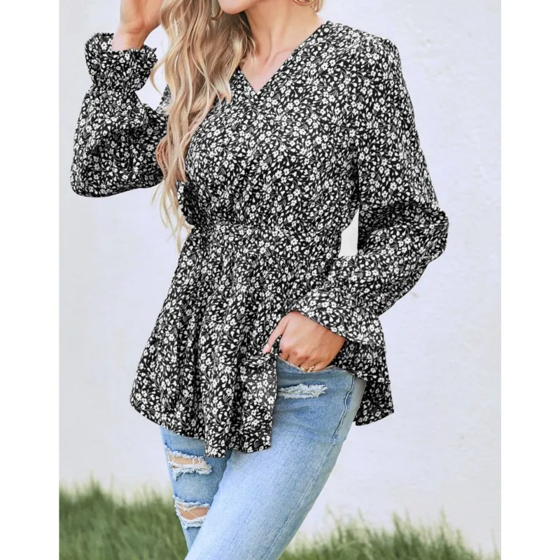 Blusa elegante Floral de Color liso para mujer, Top versátil de manga larga con cuello en V, manga acampanada, camisa ceñida en la cintura, nuevo artículo