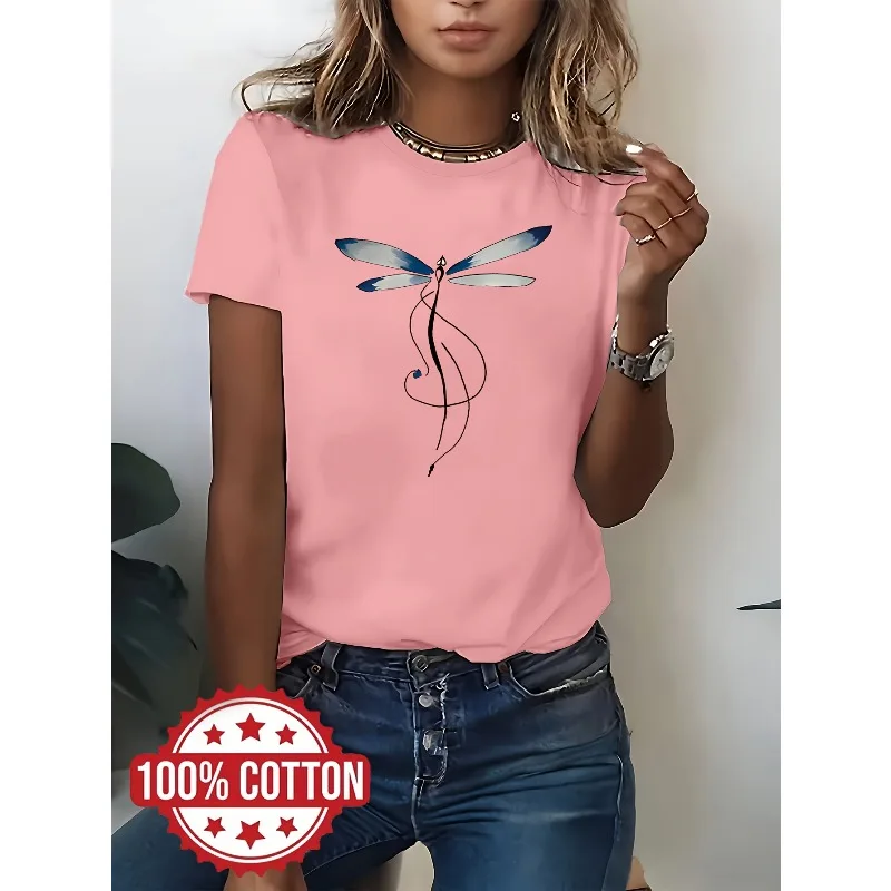 Elegant Women's Art Printed Design Shirt Round Neck Women's Casual Fashion Trend Harajuku Cotton Short Sleeved Women's T-shirt