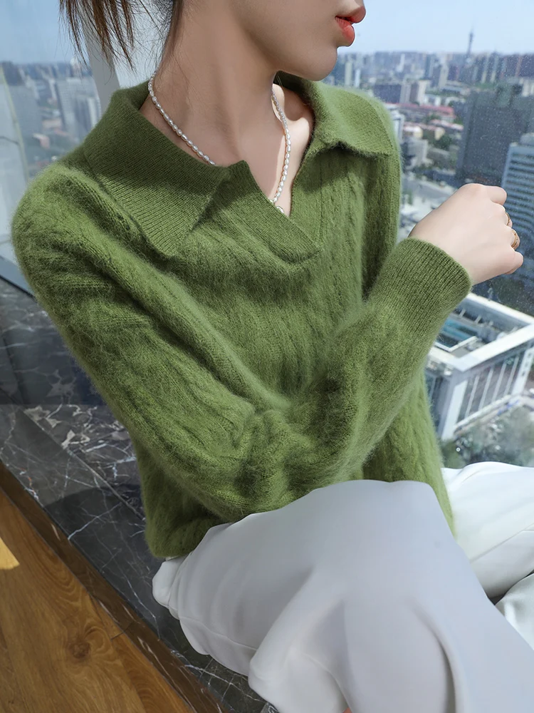 

TLOML New Women's 100% Mink Cashmere Sweatetr Polo Collar Knitwear Thick Pullover Autumn Winter Soft Warm Long Sleeve Comfy Tops