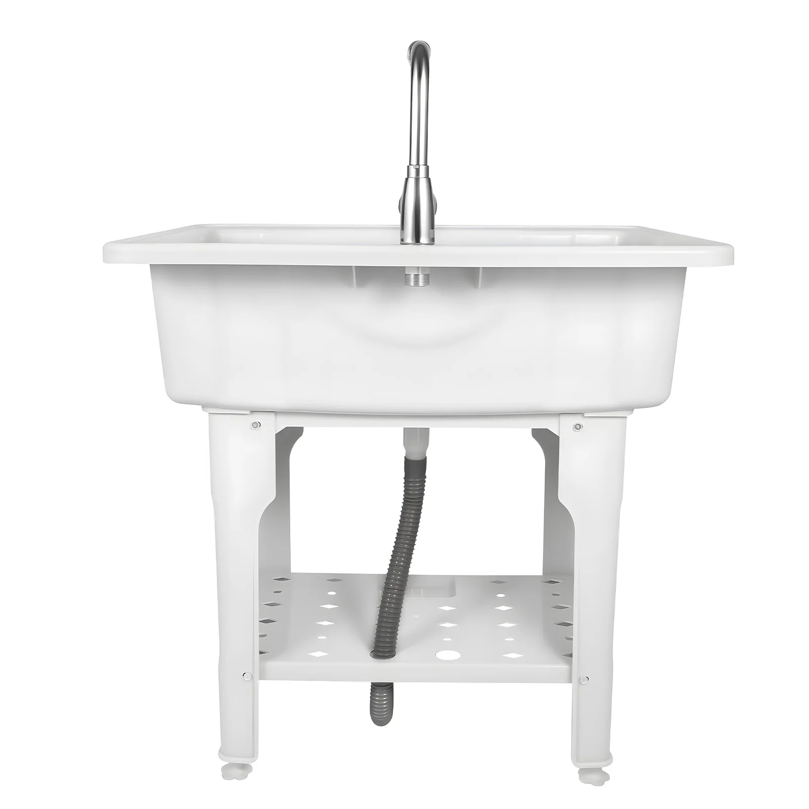 

White Freestanding Plastic Laundry Sink with 360° Faucet and Movable Washboard For Home Laundry, Bathroom and Garden