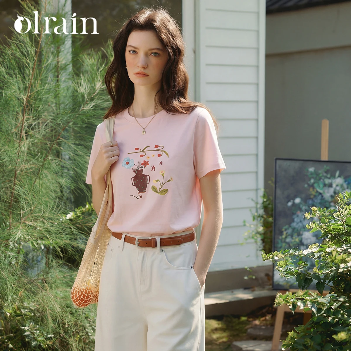 OLrain Pink Casual Retro 100% Cotton Short Sleeve Tee 2026 Summer Fashion Hand Drawn Print Loose Top Women Clothing O58XT006266