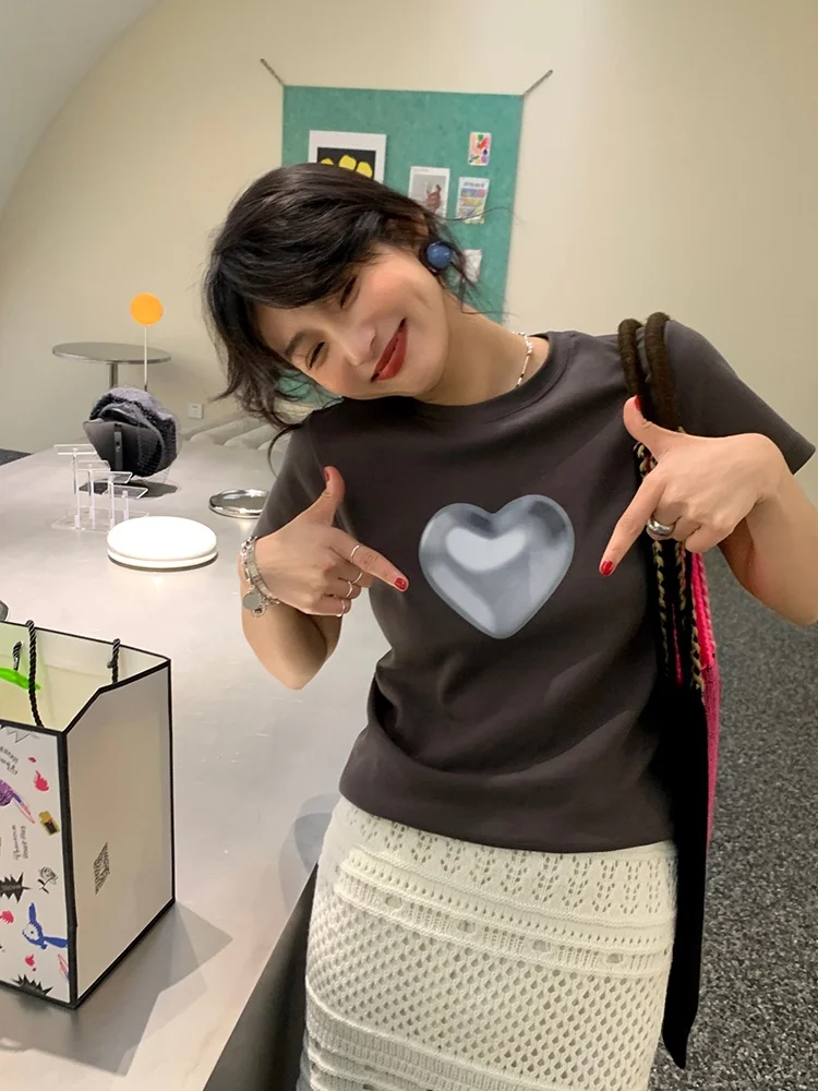 

Chic ey T-irt Women's Heart Design Sensation Small ence Spring 2025 New Sle Korean Commute Sle Cotton ort Sve