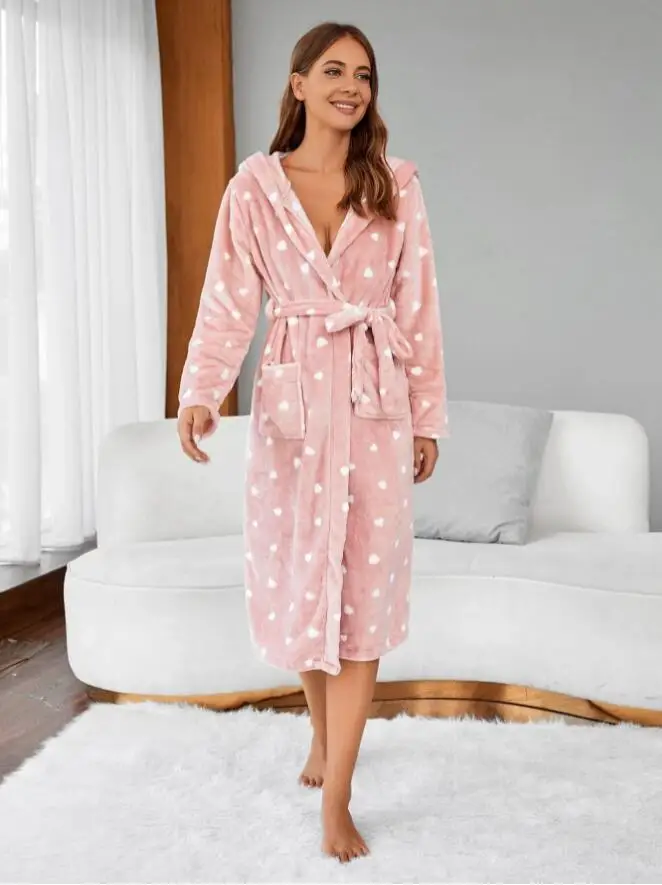 Loose Coral Fleece Home Clothes Lounge Wear Winter Flannel Hooded Robe Nightgown Kimono Bathrobe Gown Thickened Warm Sleepwear