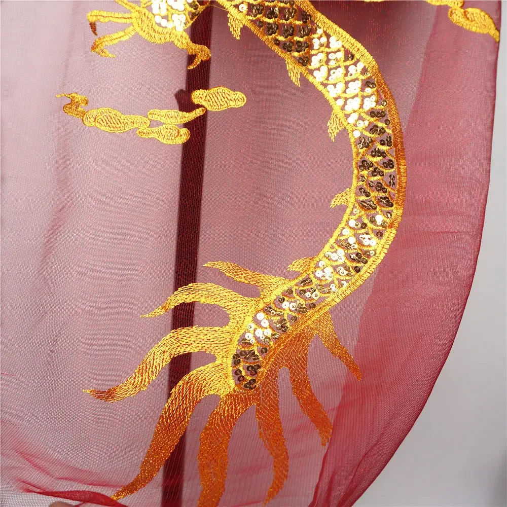 Gold Sequins Chinese Dragon Red Mesh Embroidered Wedding Gown Appliques Lace Trims Sew On Patch For Dress DIY Decoration