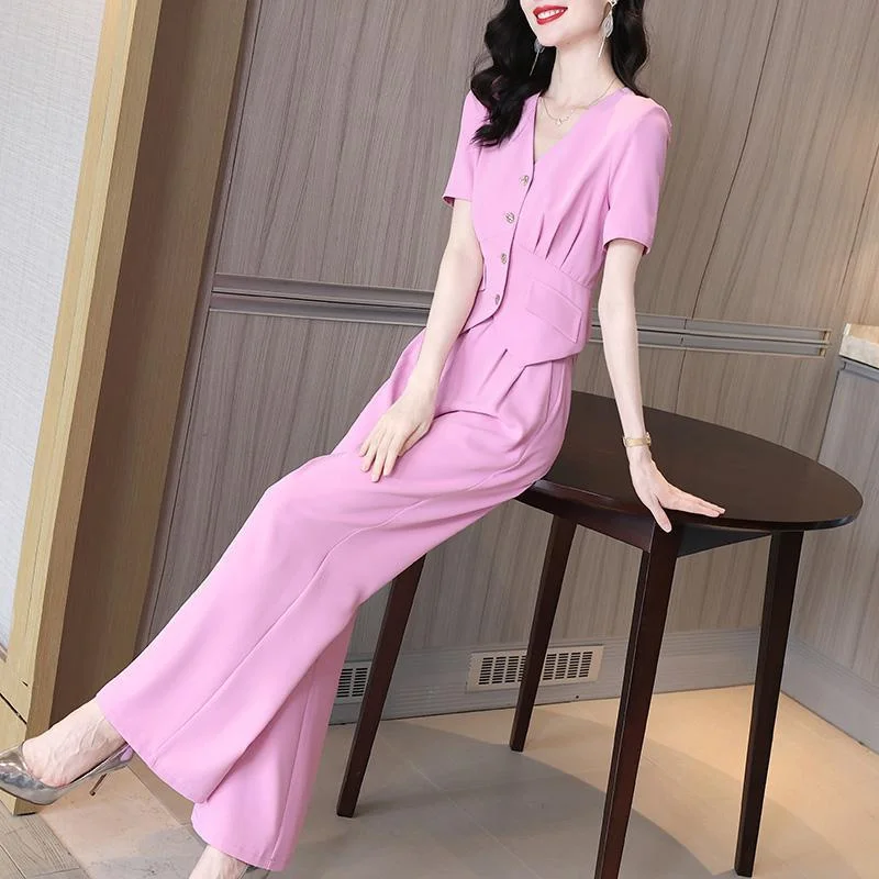 

2023 Summer women New Slim Covering Meat Simple and Premium Thin Pink V-Neck Suit Wide Leg Trouser Set Two Piece Set for female
