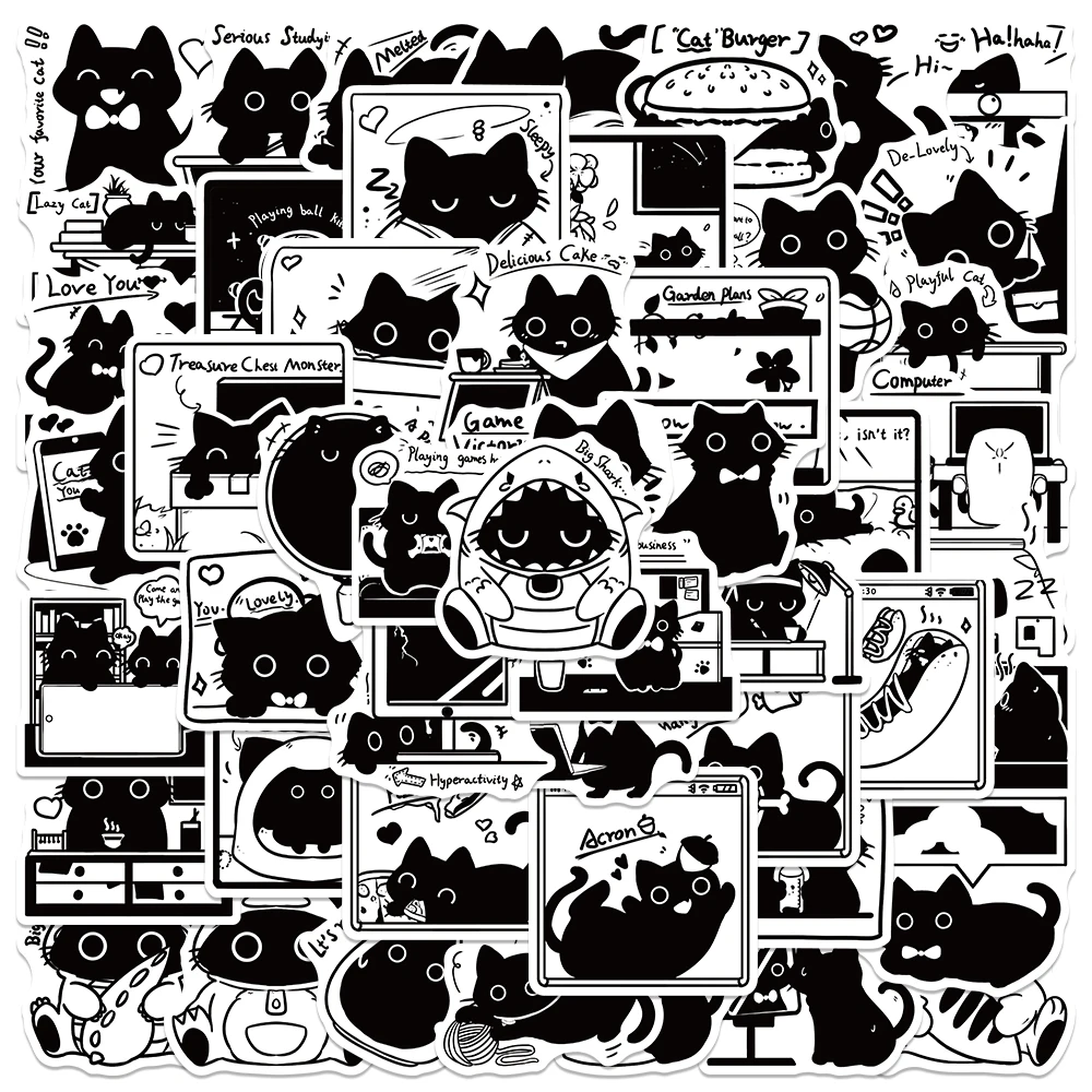 

50pcs Cute Black Cat Stickers Cartoon Graffiti Decals For Phone Laptop Luggage Refrigerator Skateboard Waterproof Stickers