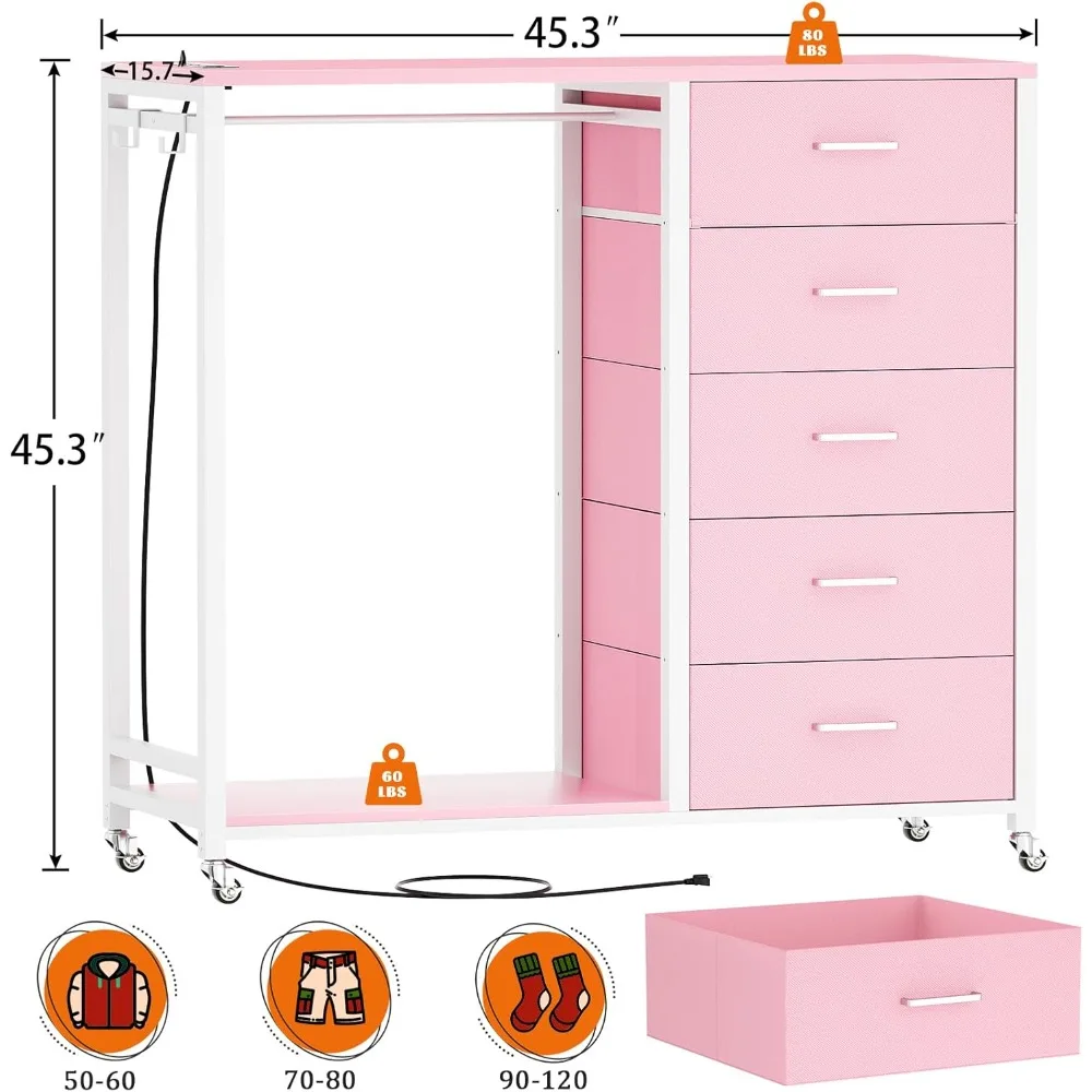 خزانة Cyclysio مع رف معلق، خزانة ذات 5 أدراج قماشية مع رف ملابس، خزانة تخزين علوية خشبية ذات أدراج مع شحن #2
