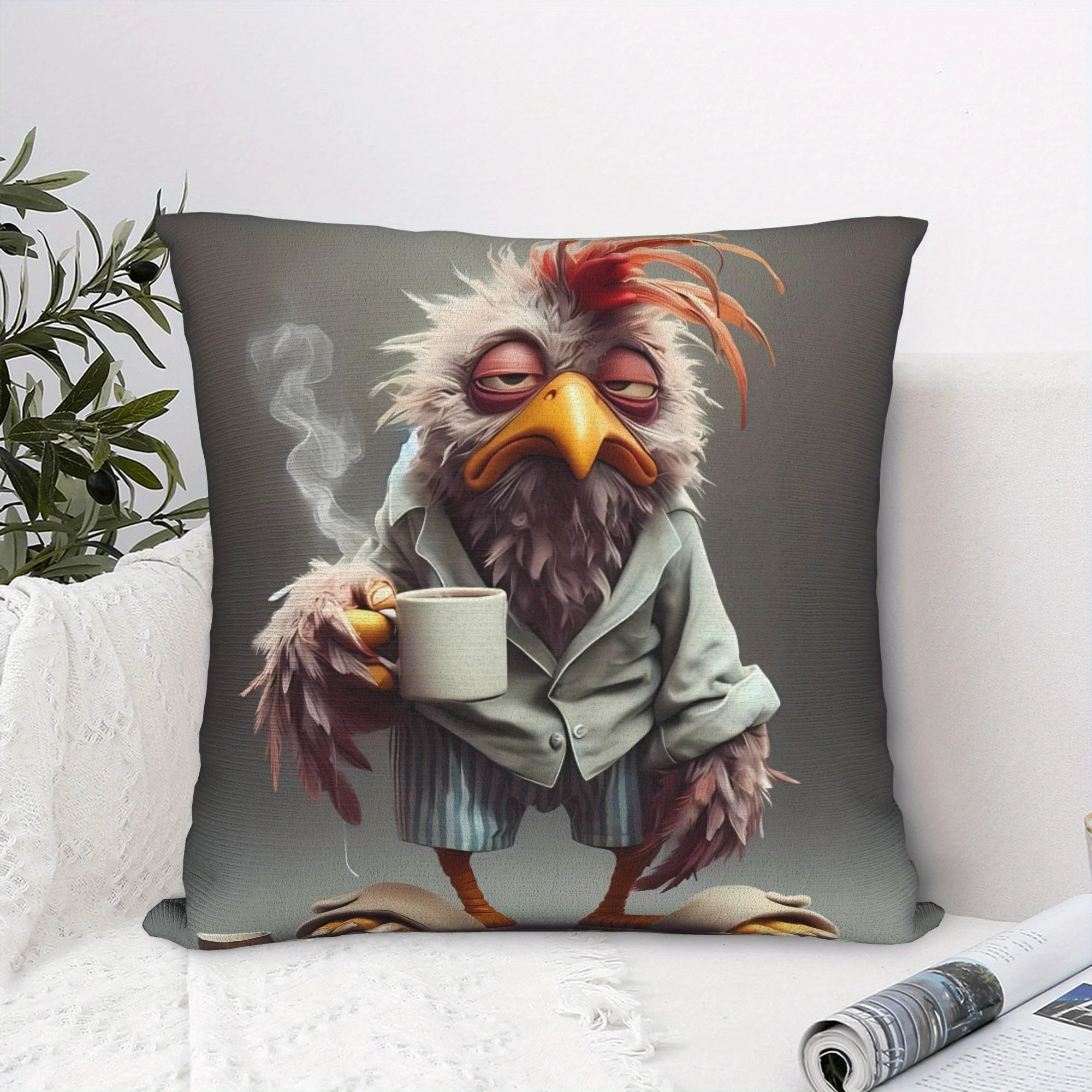 1pc Funny Sleepy Chicken Pillow Cover, Polyester 2D Double-Sided Print, Moody Morning Coffee Bird Design, Sarcastic Animal Humor