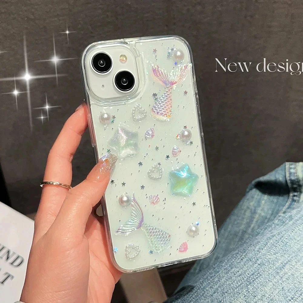 3D Epoxy Star Mermaid Fish Tail Case For iPhone 15 14 13 12 11 Pro Max XS XR 7 8 Plus Mini SE Clear Soft TPU Cover Skin