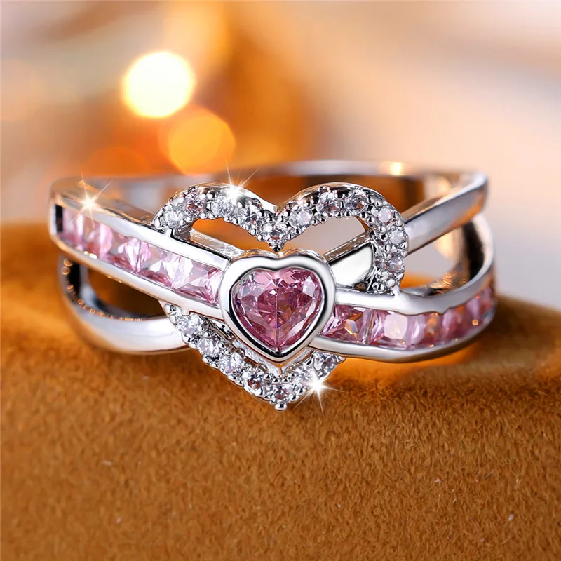 Cute Female Pink Zircon Stone Ring Trendy Silver Color Heart Engagement Wedding Jewelry Gift