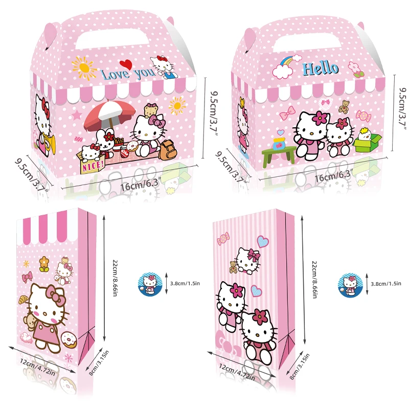 Hello Kitty 12Pcs Carton Candy Gift Box Box Bag Sanrio Kraft Paper Bag Anime Girl Portable Child Party Packaging Box Wholesale