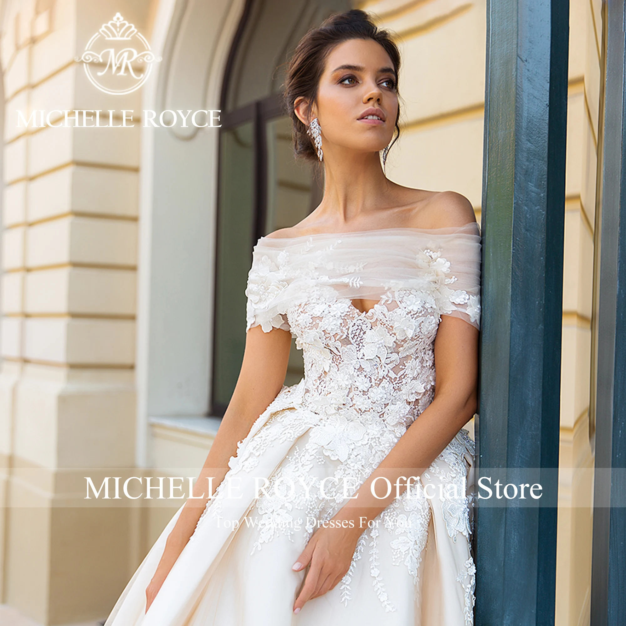 ميشيل رويس فساتين زفاف على شكل كرة للنساء مثير tSweetheart التطريز الشمبانيا الدانتيل يصل ثوب زفاف Vestidos De Novia