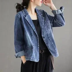 Women Blazers Spring and Autumn Outwear Denim Coat Single Botton Pockets Jacket