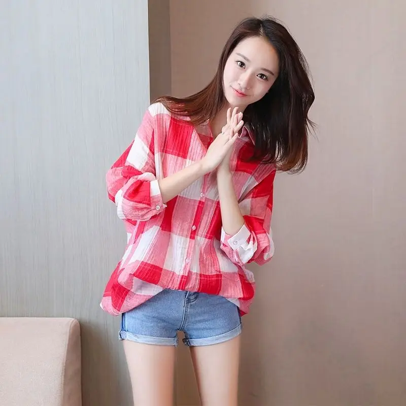 Blouse Women Plaid Shirt Loose Mid-Length Clothing Coat Women\'s Shirt Summer Blusas Ropa De Mujer