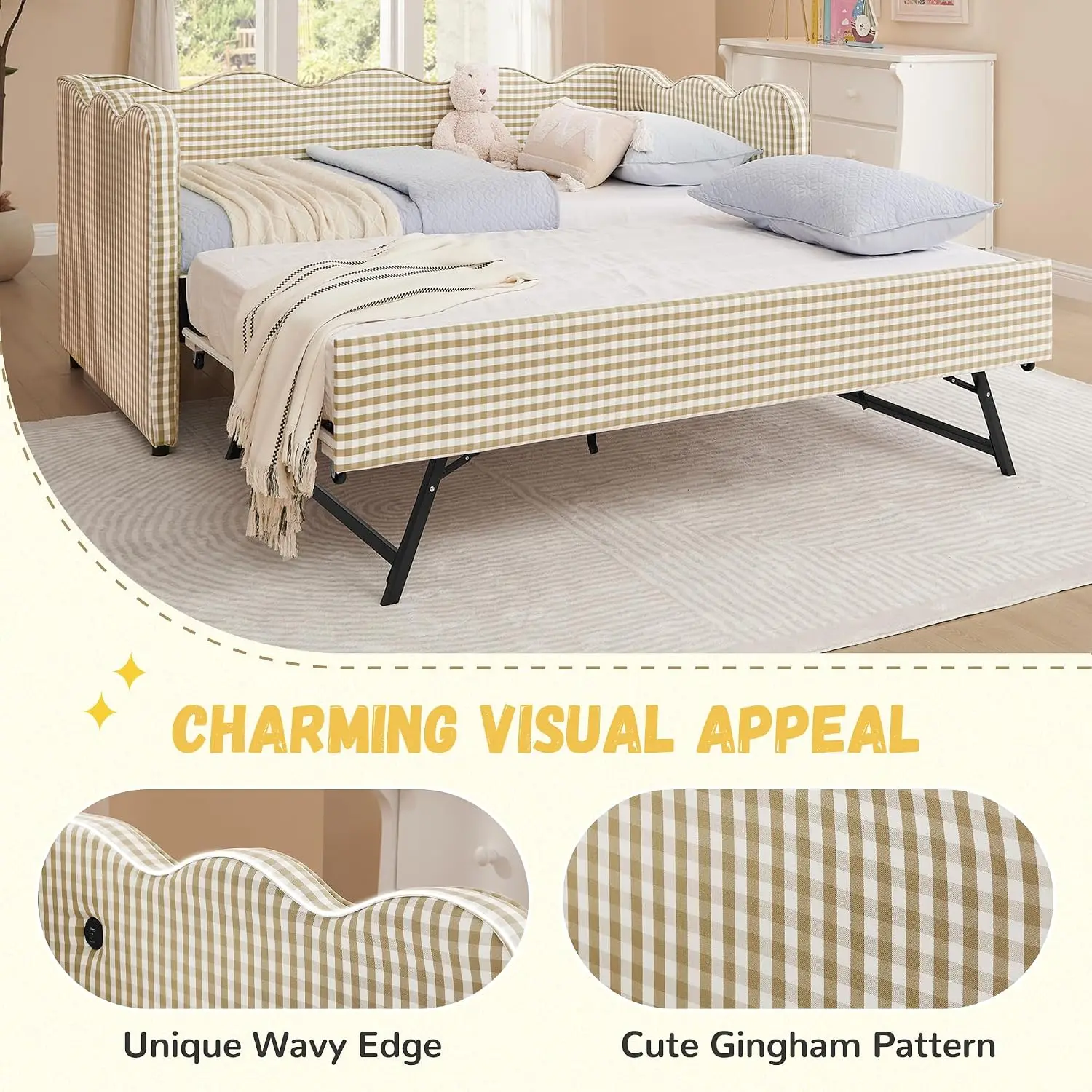 Gingham Daybed with Trundle & USB Ports Twin Size Brown, Customized image 5