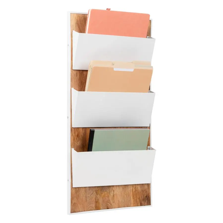

3Tier WallMounted File Organizer, Wood and Metal Vertical Rack for Mail, Magazines, and Documents, Metal, Wood, White