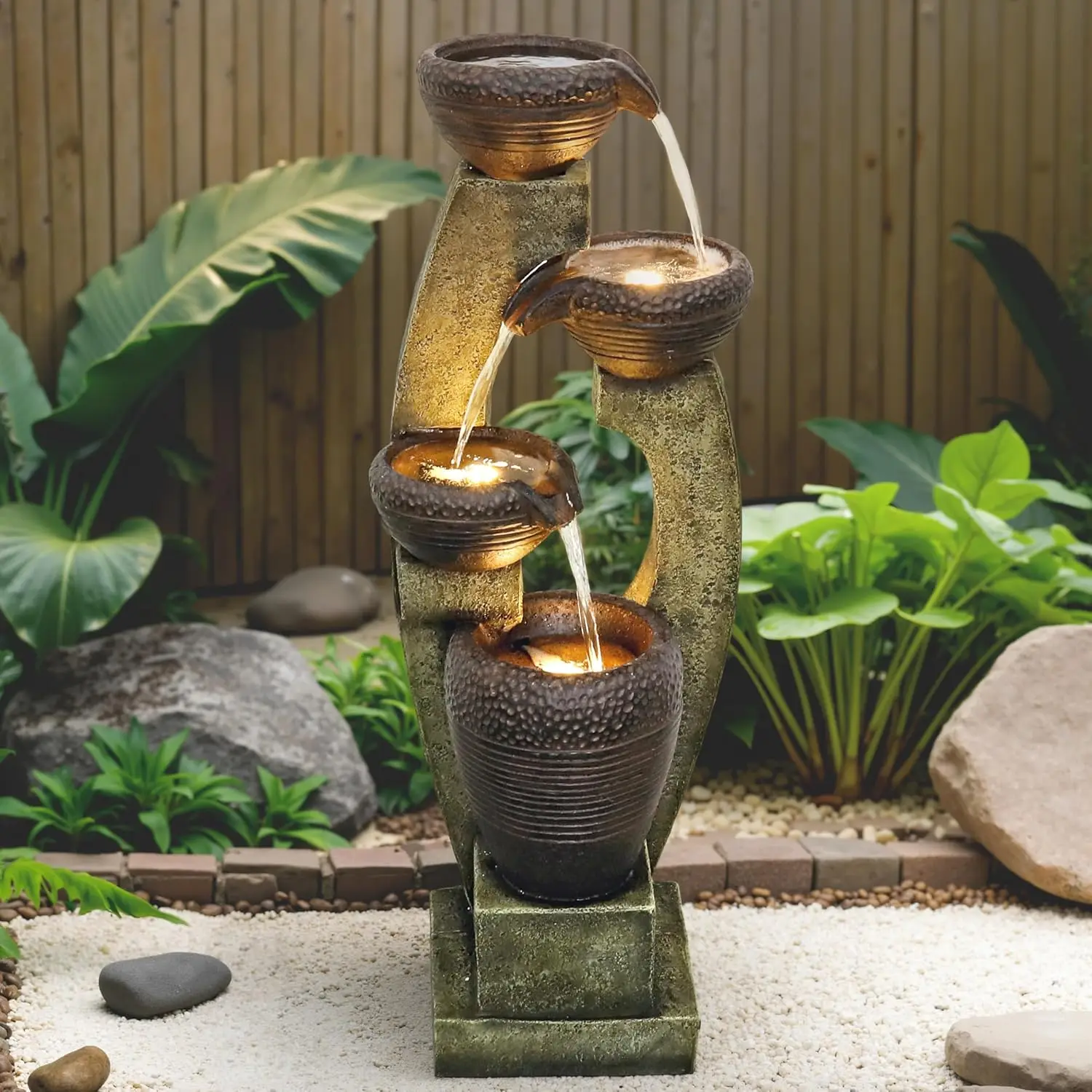 40” H Modern Outdoor Fountain - 4 Crocks Outdoor Garden Fountains with Contemporary Design&LED Light for Garden, Patio, Deck