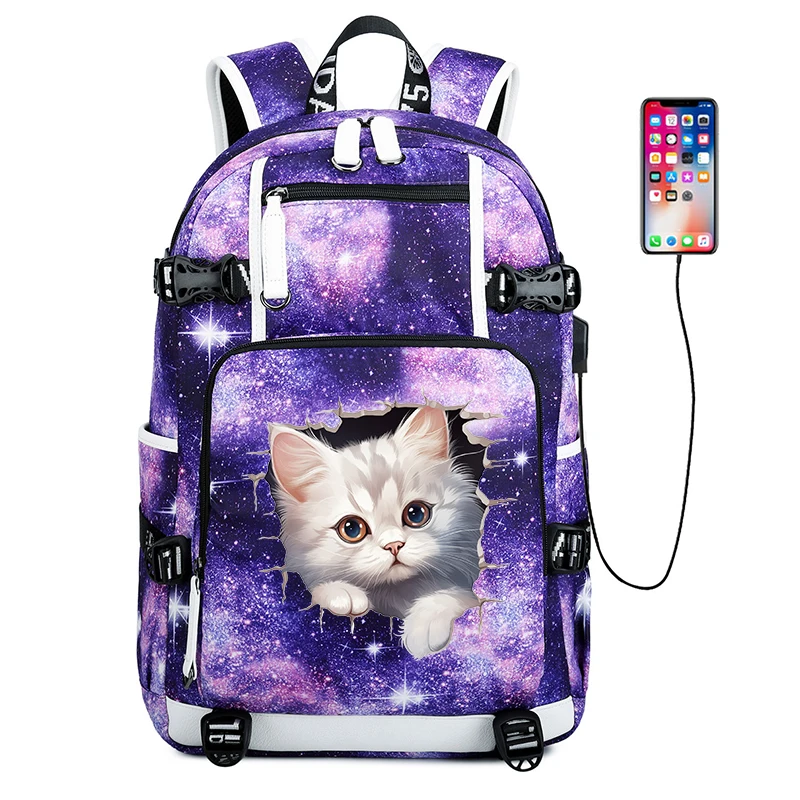 3D 크레이지 캣 만화 학생 백팩 USB 스쿨백 15.6인치 노트북 백팩 남녀 공용 책가방 신학기 가방 선물