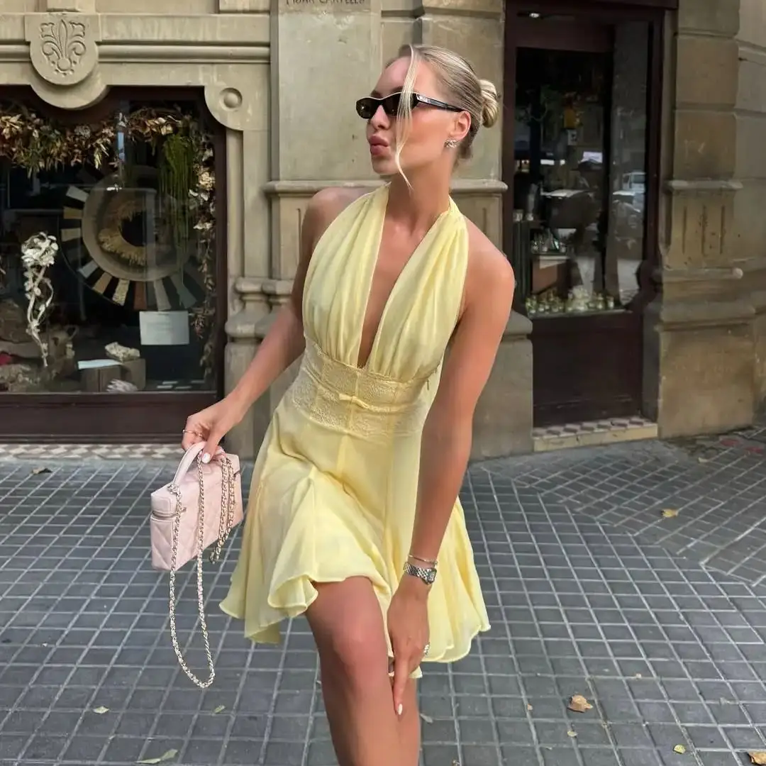 Ofherown جديد أصفر الرسن العميق الخامس عارية الذراعين الدانتيل الشيفون فستان سهرة صغير المرأة أنيقة حفلة كوكتيل ثوب رسمي فساتين لحضور الحفلات الموسيقية