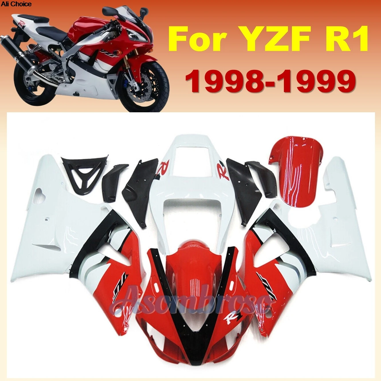 

Motorcycle Fairing kit for Yamaha 1998 YZFR1 1999 YZF R1 98 99 YZF-R1 Glossy Red White Body Cowling
