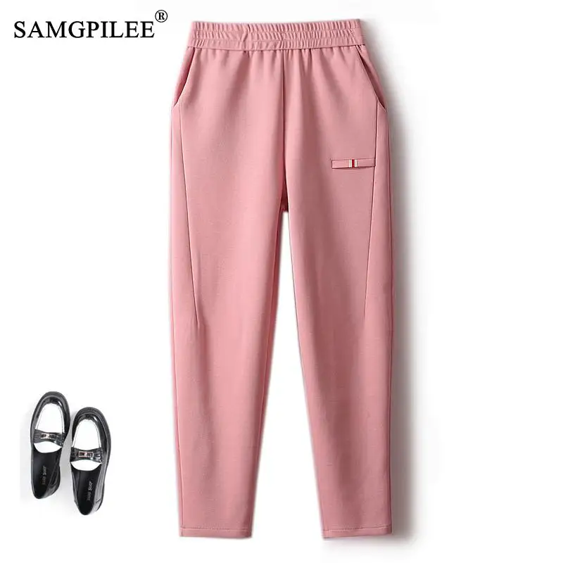 

2023 Spring Summer Stretch Comfortable Knitted Cropped Pants Colorful Elastic Waist Sweet Casual Oversize Women Harlan Pants