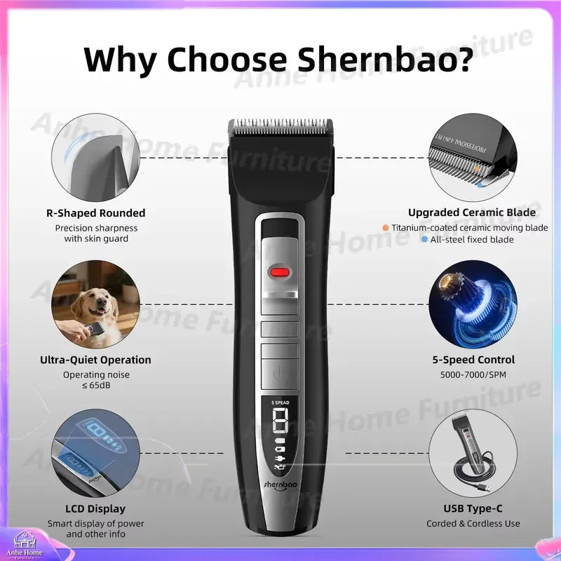 7000RPM 5 Speed Pet Grooming Clippers Low Noise Cordless Dog Cat Hair Trimmer LCD Display Air Cooled Constant Speed