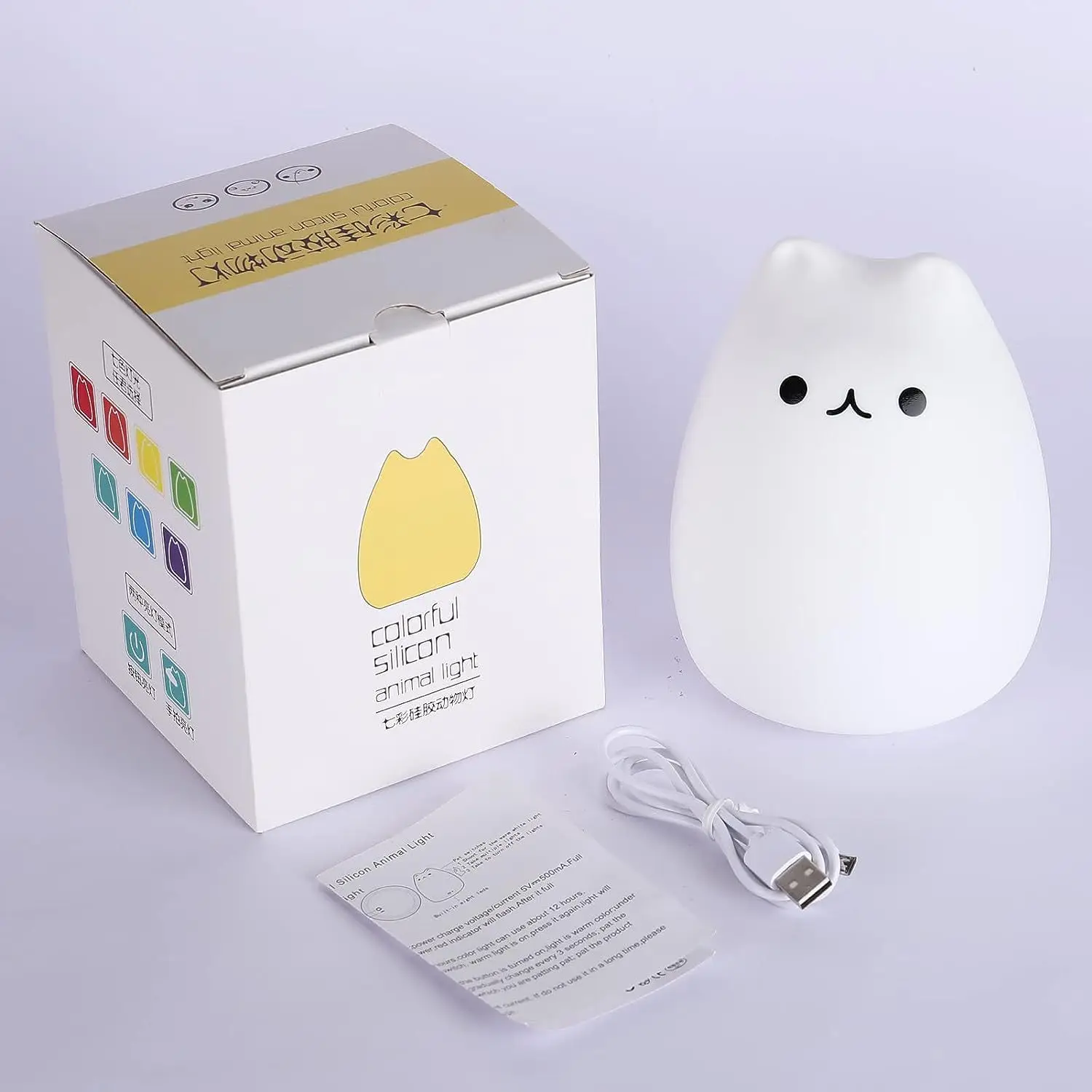 

GGbingo rainbow silicone cat night light usb rechargeable, tap control 9 colors, portable baby kids gift, ce/fcc certified