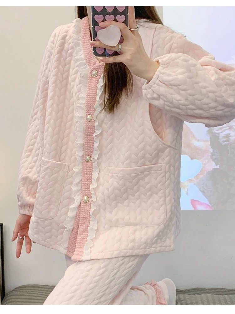 Autumn Winter Maternity Nursing Pajamas Set Thickened Air Cotton Side Open Breastfeeding Homewear Pregnant Women Sweet Sleepwear 3